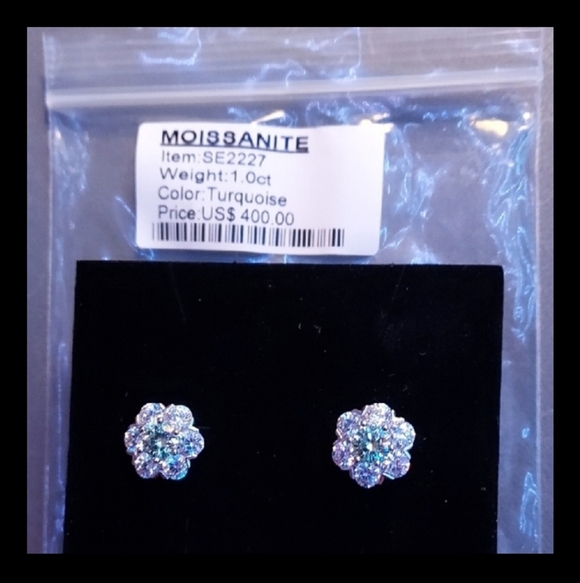 Moissanite Turquoise Flower Stud Earrings #21 - Picture 4 of 4